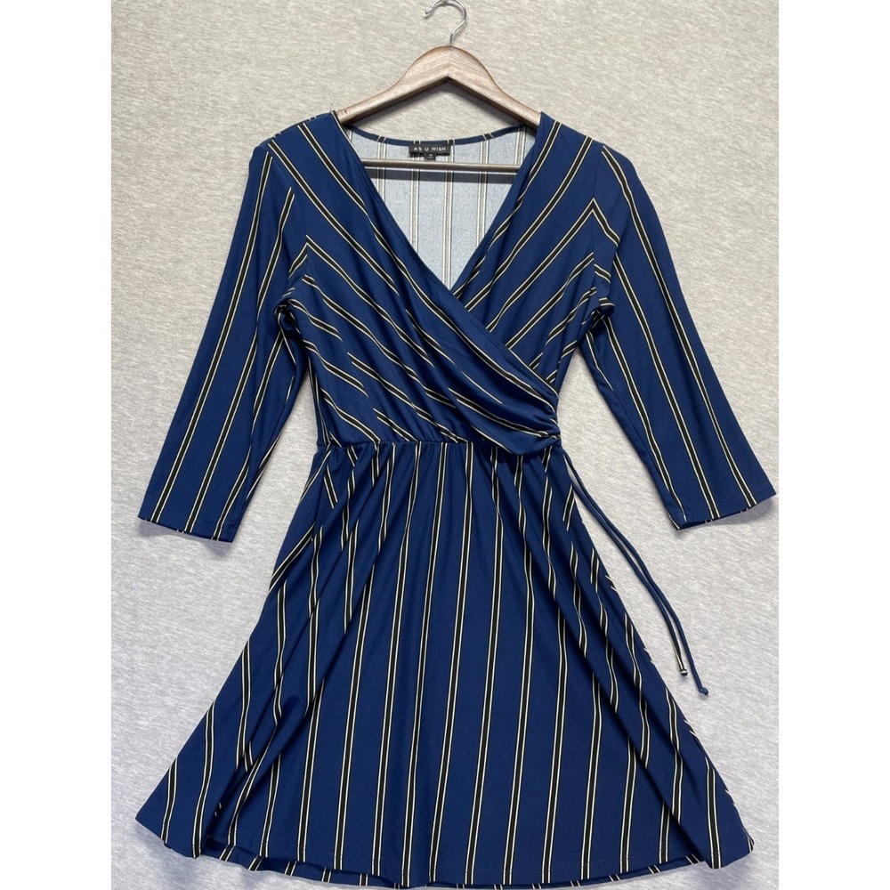 As U Wish Faux Wrap Fit & Flare Dress Womens M Navy Blue Striped Surplice Neck